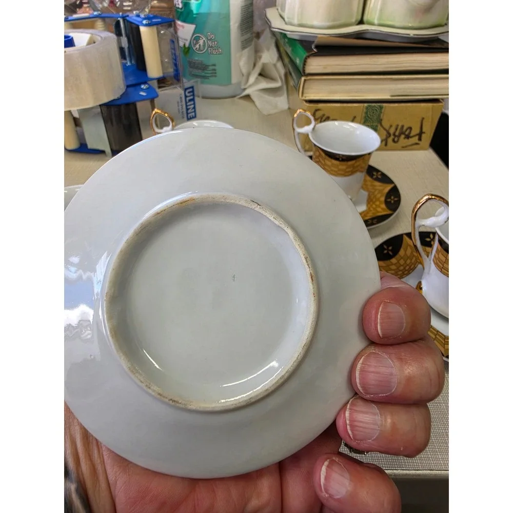 Vintage Art Deco Footed Demitasse Espresso Cup and Saucer Set Black Gold 5pc